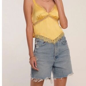 Heartloom Simone‎ Lace Trim Satin Cami Top Womens Small Yellow Smocked Coquette